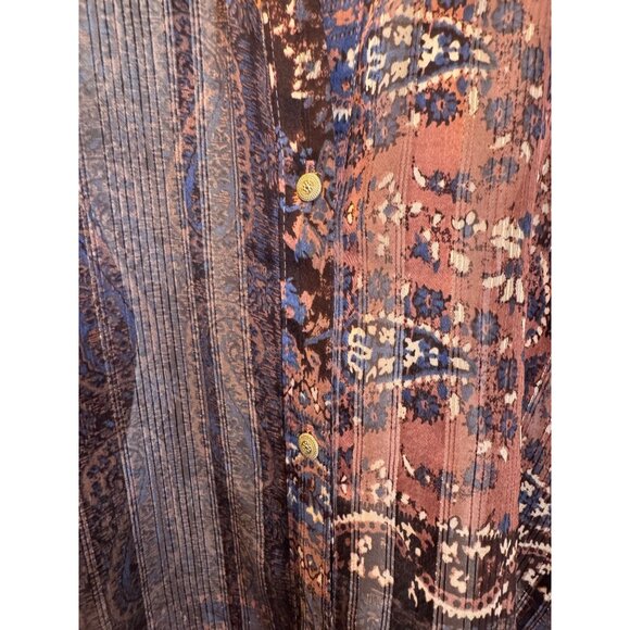 ZARA M Bohemian Brown Rust Blue Print Dolman Sleeve Button-Down Blouse - Picture 14 of 16